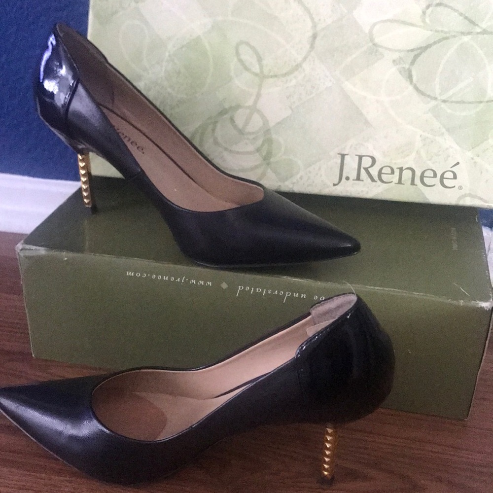 Black leather stilettos with gold heel